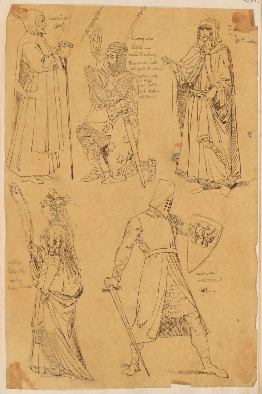 Skarbczyk. Fünf Figuren: Gelehrter, kniender Ritter, Jude, Frau, kämpfender Ritter av Jan Matejko