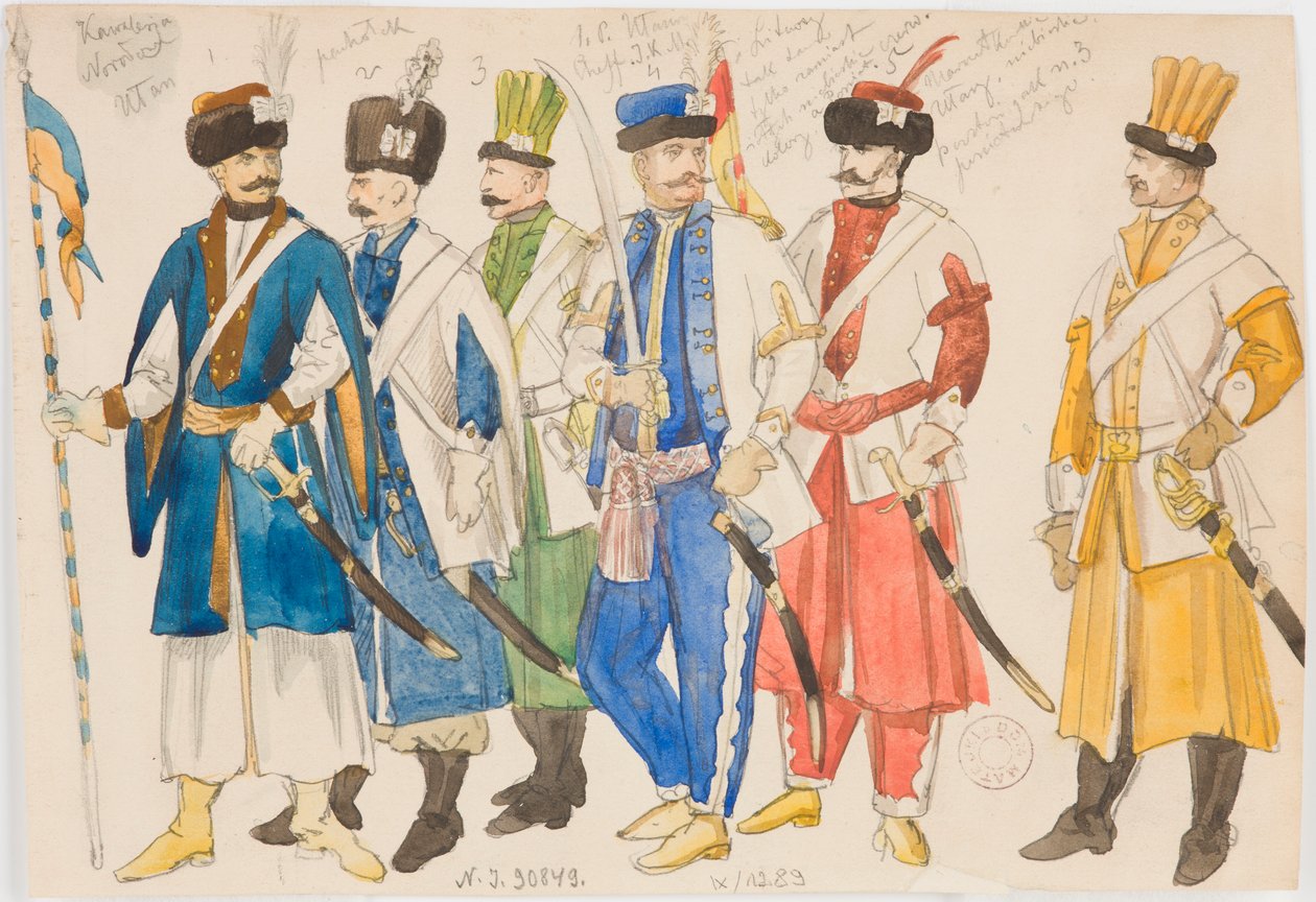 Kostymstudier – En rad manliga figurer i militäruniformer av Jan Matejko
