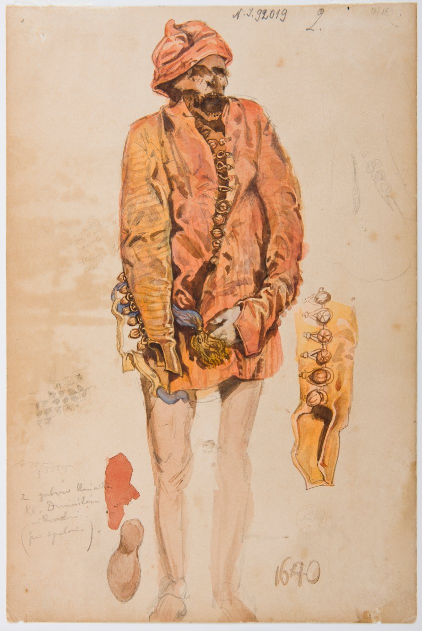 Kostümstudien aus dem 17. Jahrhundert - Leiche eines Mannes in rotem Żupan; Skizzen von Ärmel und Schuh av Jan Matejko