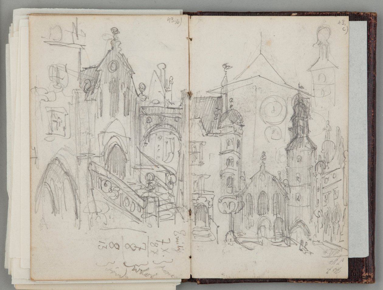 Jan Matejkos skissbok från München. Ensidig teckning. Framsida: studie av den gamla Marienplatz i München och studie av torn. av Jan Matejko