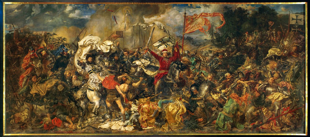 Slaget vid Grunwald, där en polsk-litauisk armé under ledning av den polske kungen Wladyslav II Jagiello ... (målning på duk) av Jan Matejko