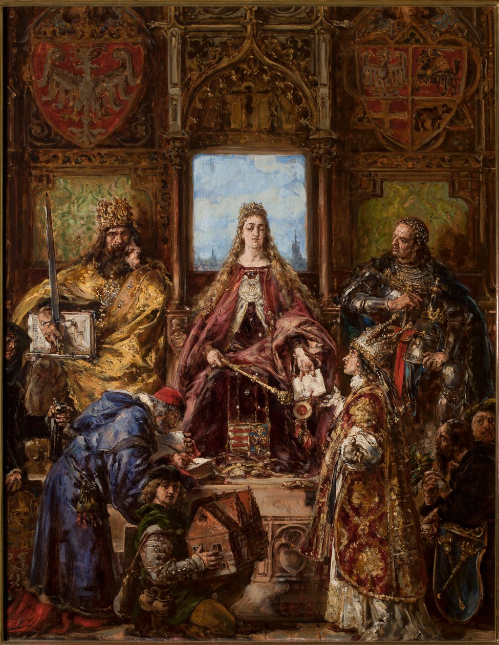 Grundandet av huvudskolan, befäst genom dess flytt till Kraków. R.P. 1361-1399-1400 av Jan Matejko