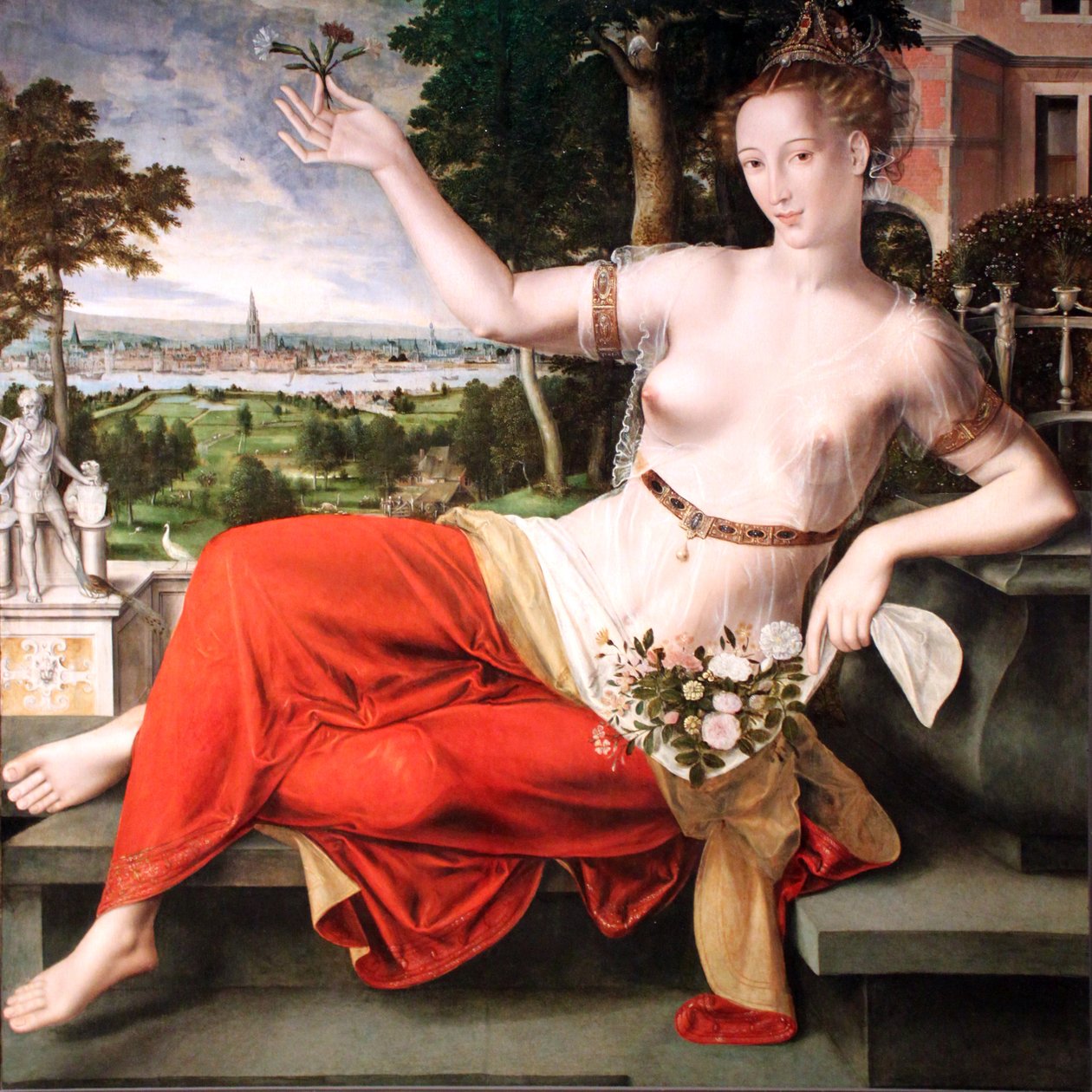 Holländska: Flora med staden Antwerpen Flora i bakgrunden av Jan Matsys