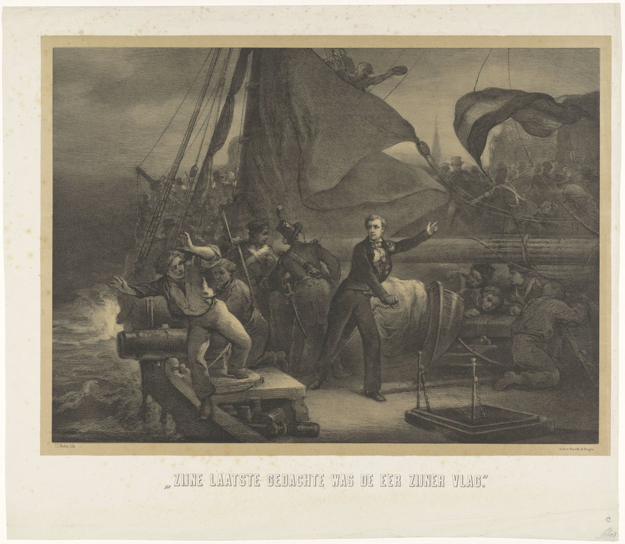 Jan van Speijk på väg att kasta säkringen i lastrummet, 1831 Hans sista tanke var äran av hans flagga (titel på objekt) av Jan Mesker