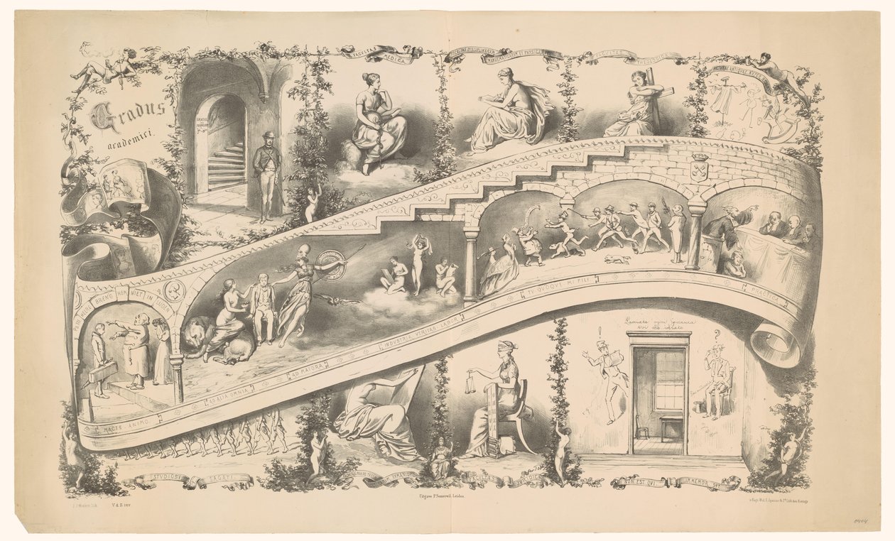 Skildring av en Leiden-students karriär, 1871 Gradus Academics (titel på objekt) av Jan Mesker