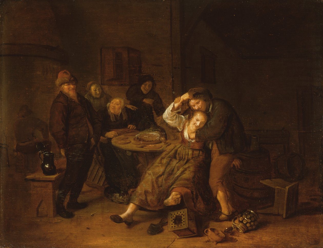 Kroginteriör med en boor som sörjer med en vinch (olja på panel) av Jan Miense Molenaer