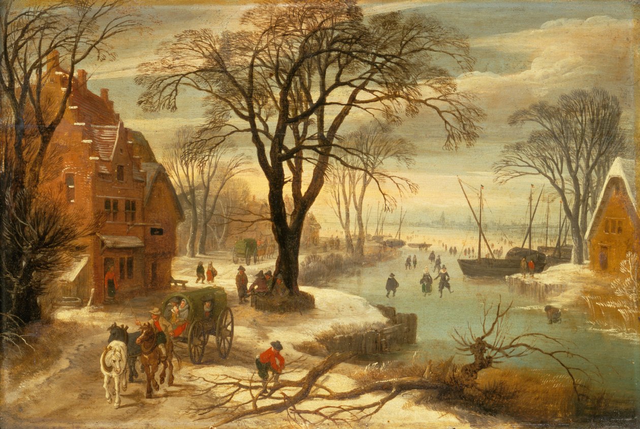 Ett vinterlandskap med stadsbor på isen (olja) av Jan and Momper Joos de Brueghel