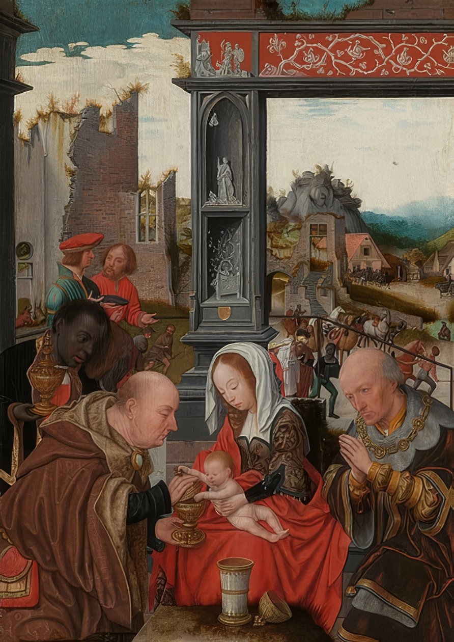 Tillbedjan av Magi. Omkring 1520-25 av Jan Mostaert