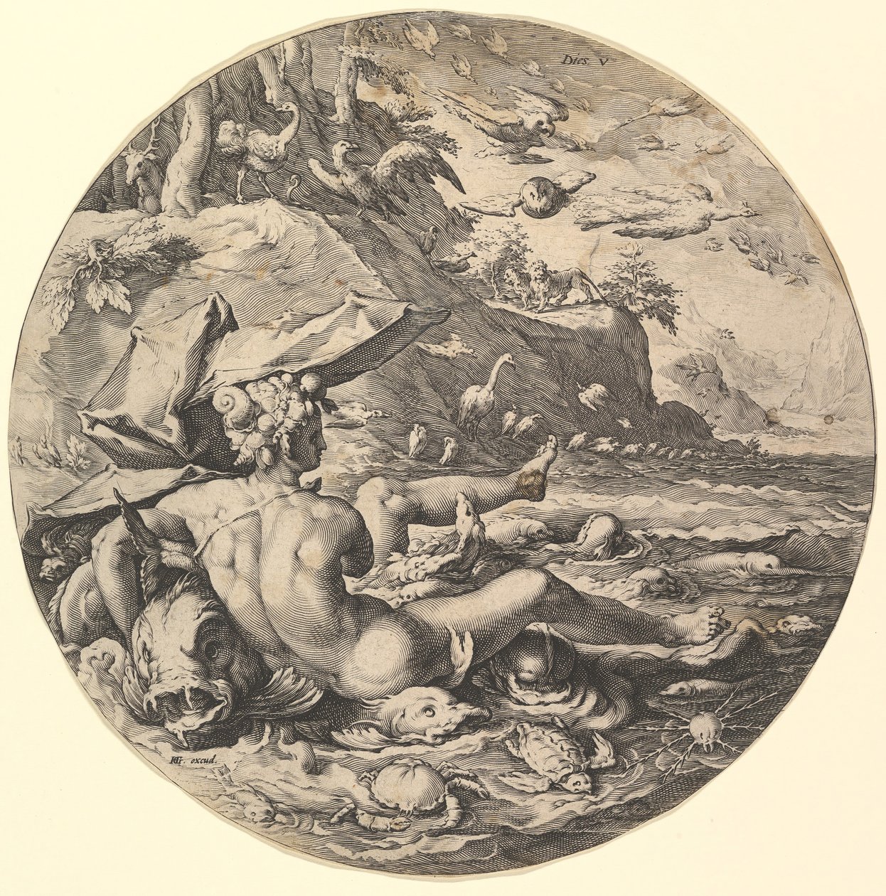 The Fifth Day Dies V, från serien The Creation of the World, ca. 1597. av Jan Muller
