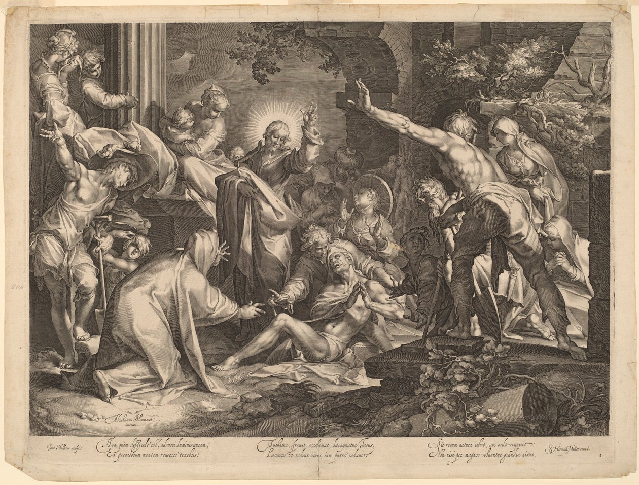 Lazarus uppståndelse av Jan Muller, after Abraham Bloemaert