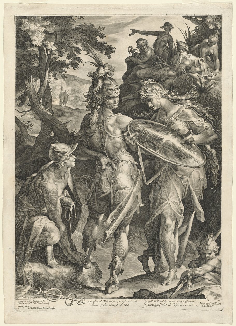 Minerva och Merkurius beväpnar Perseus av Jan Muller, after Bartholomaeus Spranger