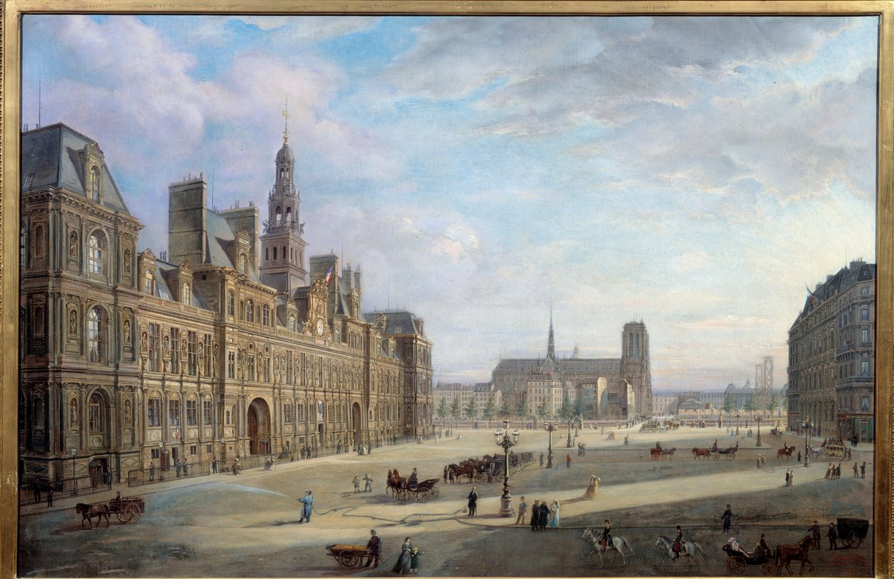 Stadshuset i Paris 1868. Målning av Jan Ostoga De Miodoucheski (Mioduzsewski) (1831 -? ). Olja på duk. Mått: 0,78 x 1,17 m. Paris, Musee Carnavalet - Stadshuset i Paris 1868. Målning av Jan Ostoga av Miodoucheski (Mioduzsewski) (1831-? ). O av Jan Ostoja Mioduszewski