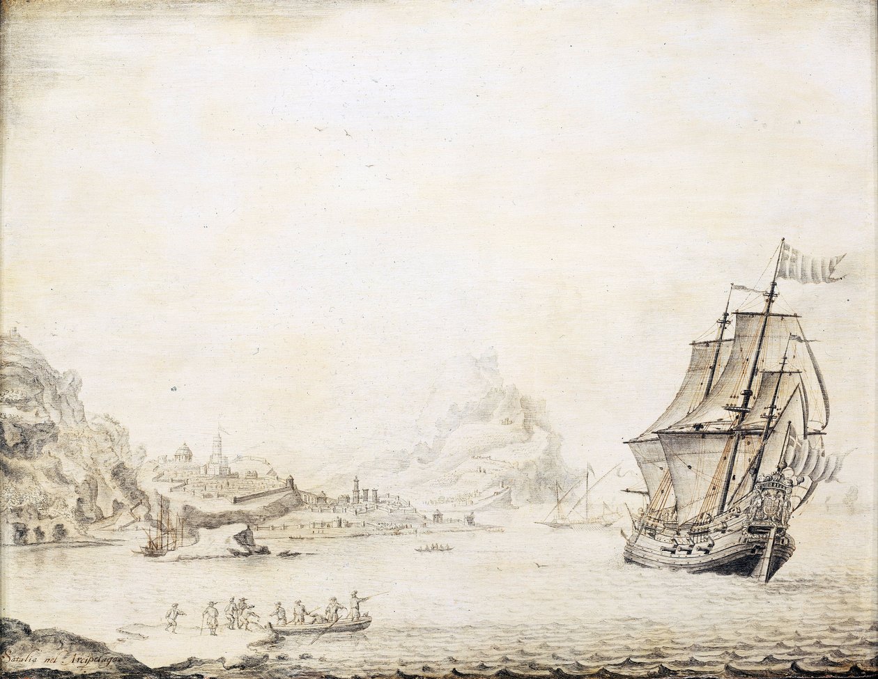 Ett brittiskt fartyg utanför Satalias (Turkiet) kust år 1677, omgivet av en klippig kust med gamla stadsmurar och minareter. Olja på trä av Jan Peeters