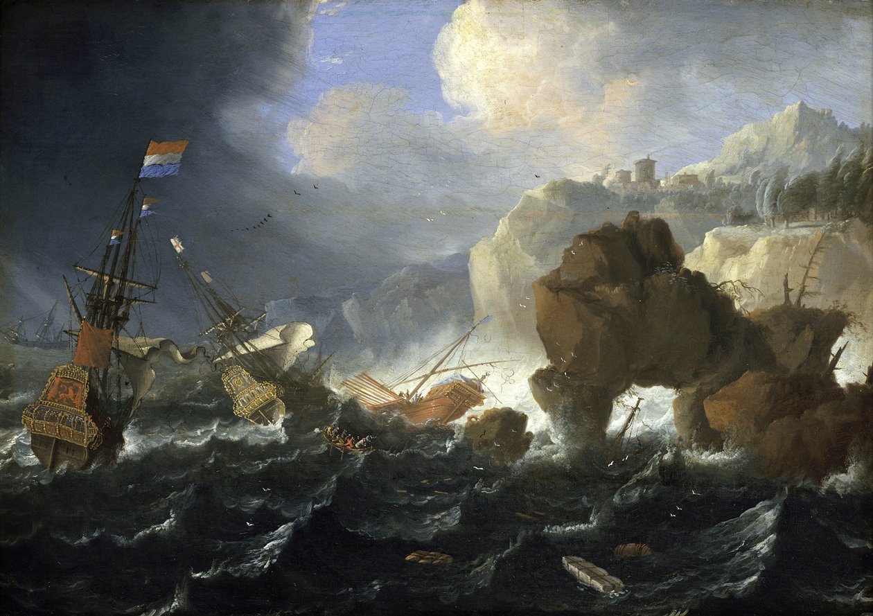 Ett holländskt skepp och en galjon går på grund på en klippig kust i stormen. Olja på trä, av Jan Peeters (1624-1677). av Jan Peeters