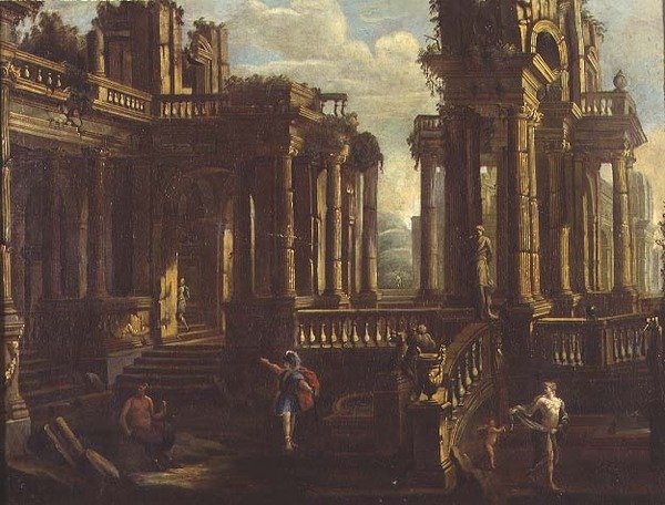 En capriccio av klassiska ruiner med en krigare, en satyr och Amor som jagar en nymf av Jan Peeters
