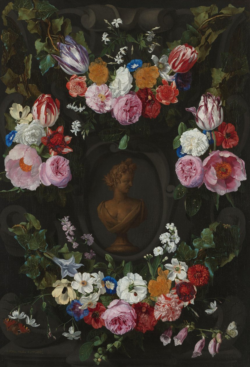 Cartouche dekorerad med swags och sprayer av blommor av Jan Philip van Thielen