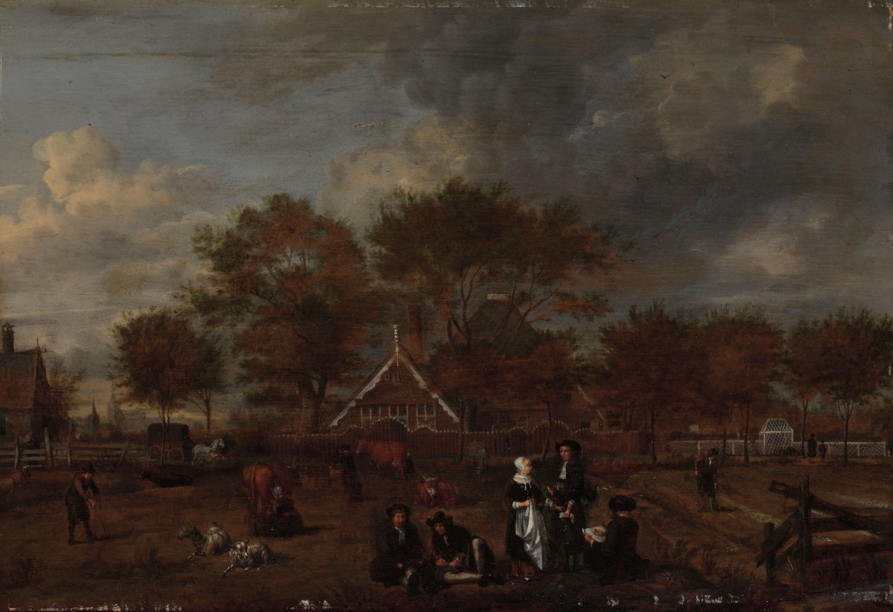 Gård med Herrbonden och hans fru och målaren i förgrunden av Jan Pietersz Opperdoes