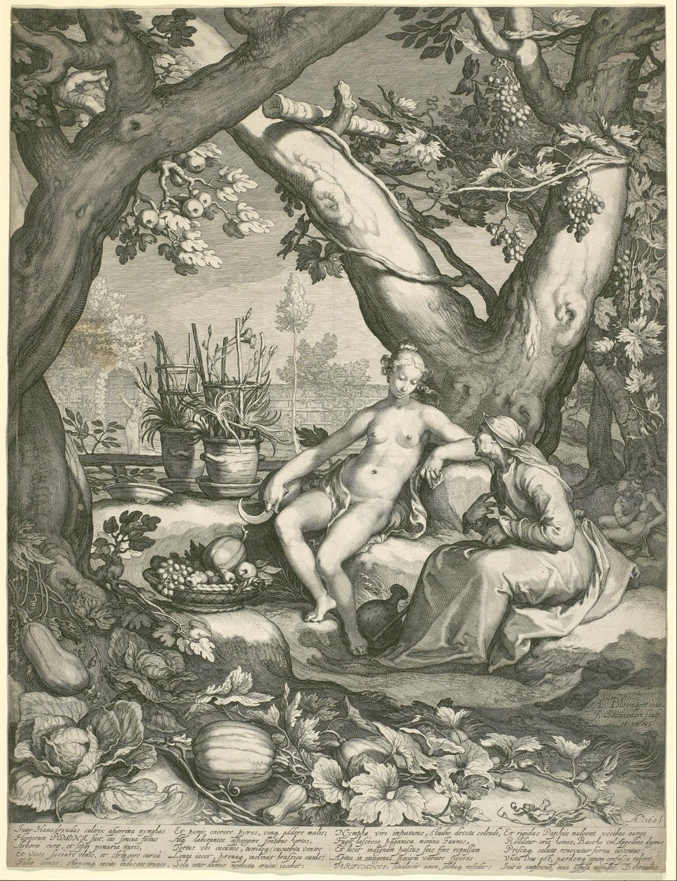 Vertumnus lånar en gammal kvinnas gestalt för att vinna Pomonas kärlek av Jan Pietersz. Saenredam