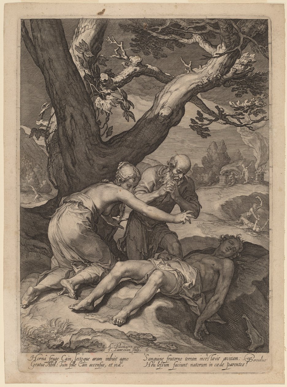 Adam och Eva klagar över Abels lik av Jan Pietersz Saenredam after Abraham Bloemaert