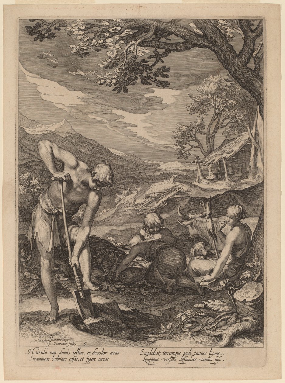 Adam och Eva arbetar av Jan Pietersz Saenredam after Abraham Bloemaert