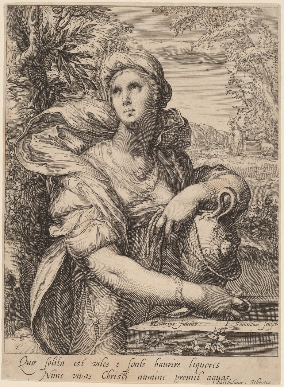 Samaritisk kvinna vid brunnen av Jan Pietersz Saenredam, after Hendrik Goltzius
