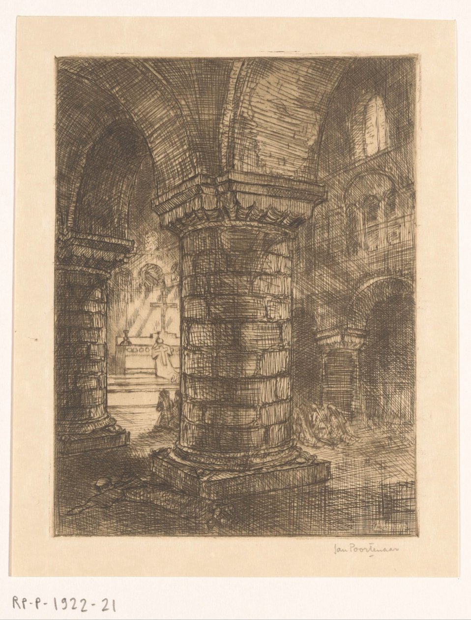 Liggande munk i en kyrka av Jan Poortenaar (signed by artist)