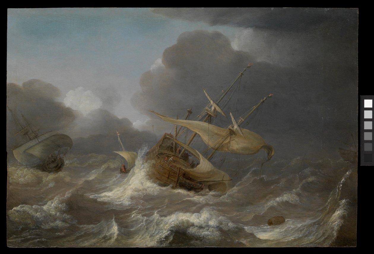Holländska skepp i storm, ca 1620 (olja på pannå) av Jan Porcellis