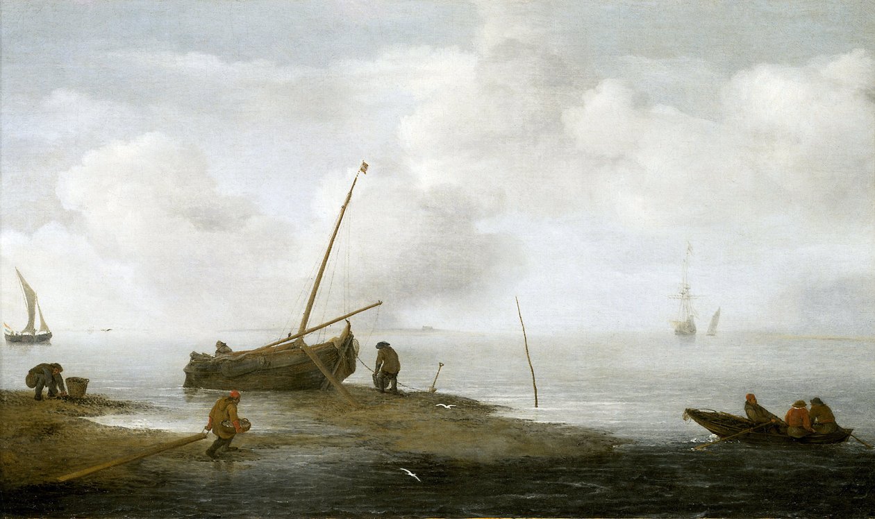Musselfiske, en fiskebåt på stranden och tre män som är upptagna med att samla musslor i sina korgar. Olja på duk 1622, av Jan Porcellis (1580-1632). av Jan Porcellis