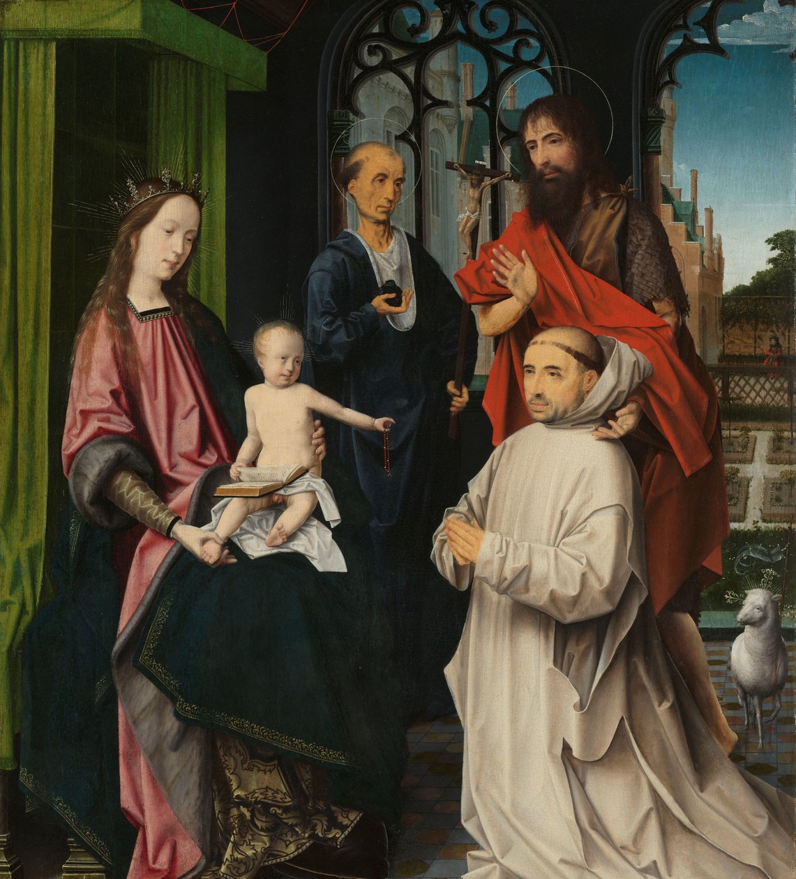 Jungfru och barn på tronen, med de heliga Hieronymus och Johannes Döparen och en kartusisk munk Madonna tronades med de heliga Hieronymus och Johannes Döparen och en knäböjande kartusisk munk av Jan Provoost (attributed to)