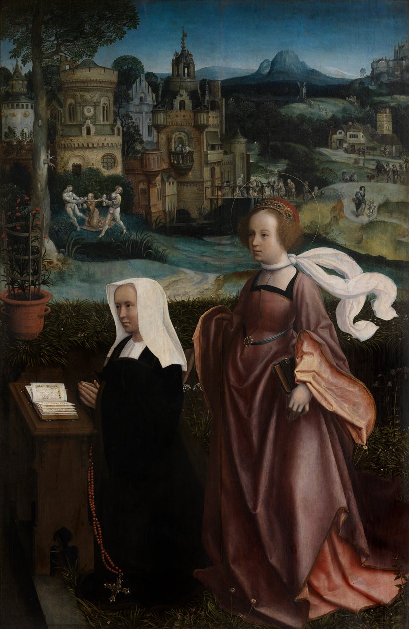 Detalj av donator med Saint Nicholas och donatorns fru med Saint Godeliva, ca 1515-21 (olja på panel) av Jan Provoost