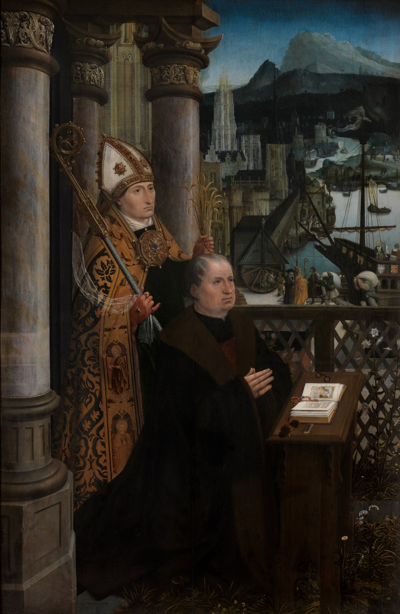 Detalj av donator med Saint Nicholas och donatorns fru med Saint Godeliva, ca 1515-21 (olja på panel) av Jan Provoost