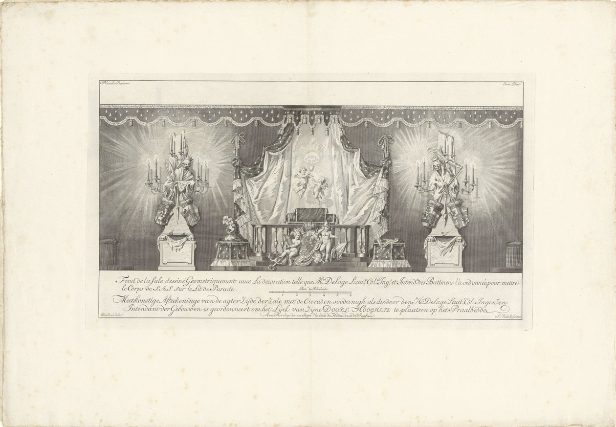 Baksidan av rummet med prins William IVs majestät, 1751 Fond de la sale dessiné Geometriquement (...) / Meetkonstige Afteekeninge på baksidan Zijde der Zale med Cieraden soodanigh som de av den Hr. Delage Leuit. Col: Ingen.r och Intendant av Jan Punt