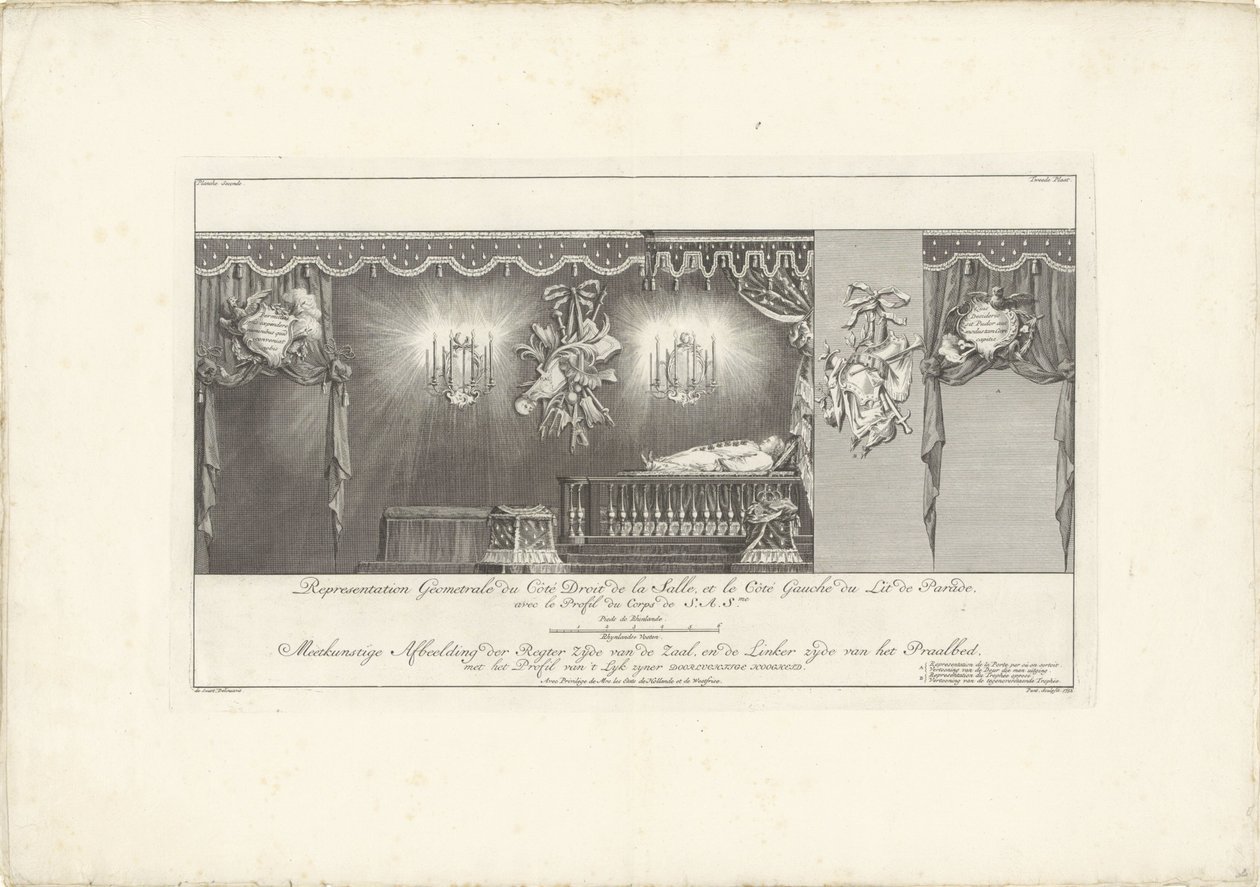 Höger sida av salen med prins William IV:s majestät, 1751 Representation Geometrale du Côte Droit (...) / Meetkonstige Bild av den högra sidan av hallen, och den vänstra sidan av Splendor Bed, med profilen av 