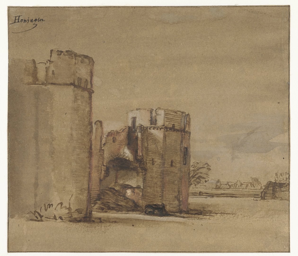 Utsikt över slottet Honingen nära Rotterdam av Jan Ruyscher (attributed to)