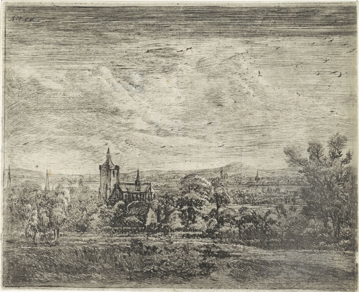 Byutsikt med en kyrka av Jan Ruyscher