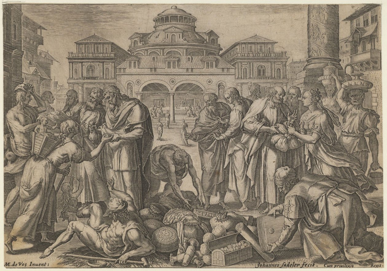 Apostlarna delar ut pengarna till de behövande, ca. 1600 av Jan Sadeler