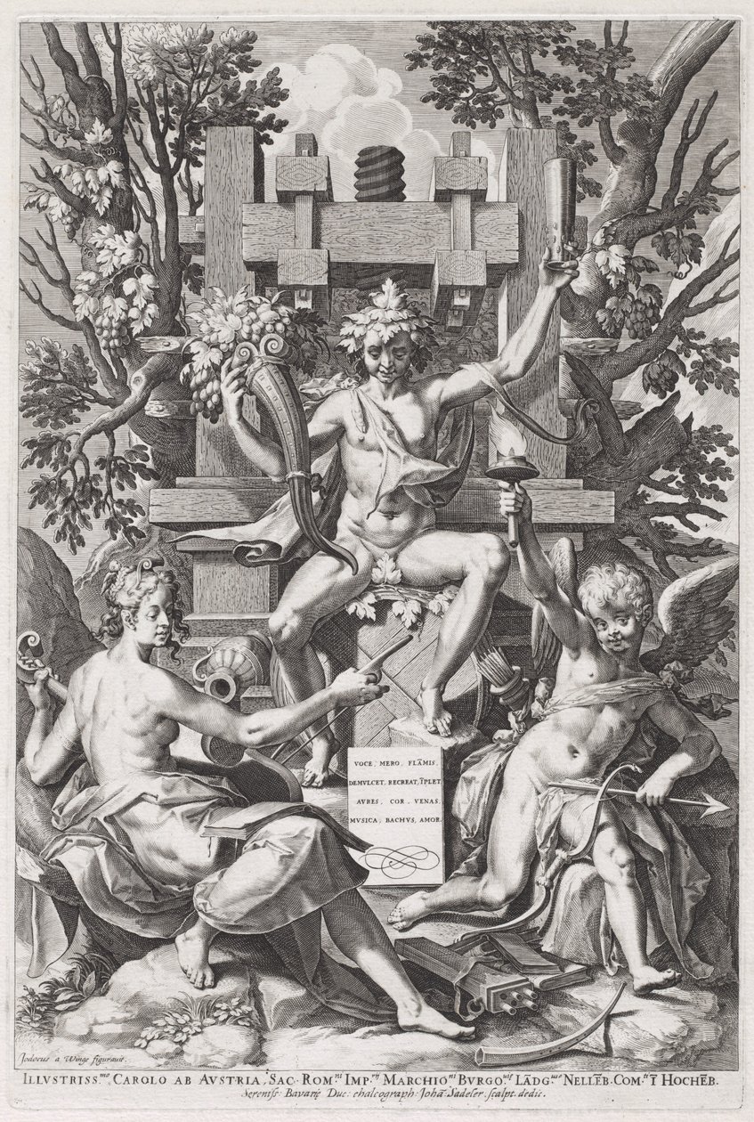 Bacchus sitter på en tunna mellan Amor och musik av Jan Sadeler I, after Joos van Winghe