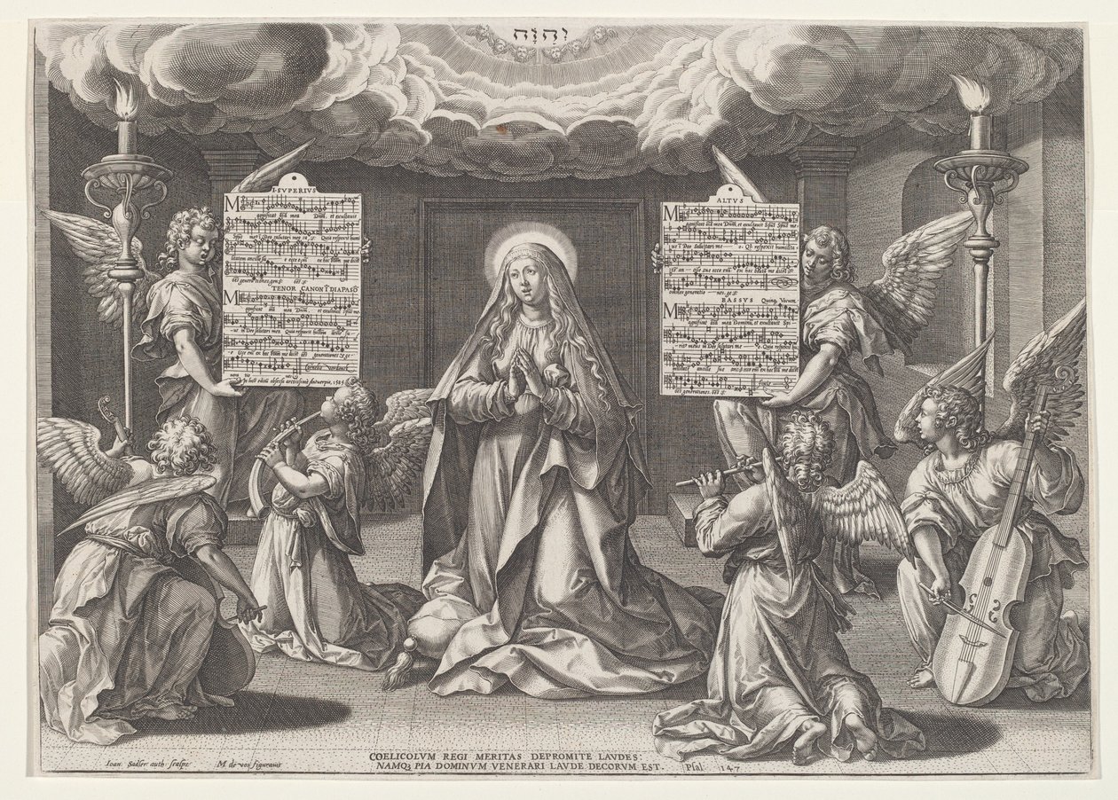 Magnificat: Jungfrun omgiven av musikskapande änglar av Jan Sadeler I, after Maarten de Vos
