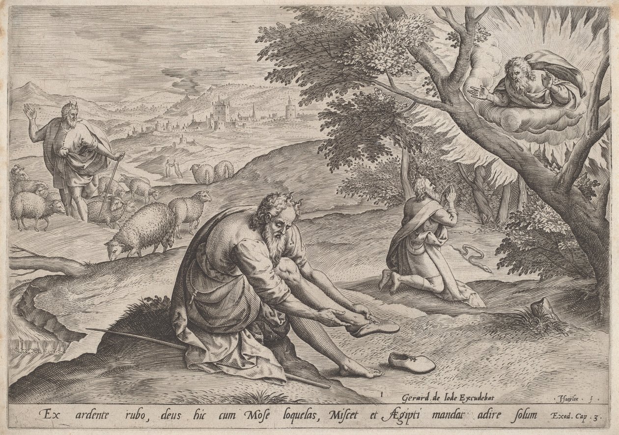 Gud som visar sig för Moses av Jan Sadeler I, after Maarten van Cleef