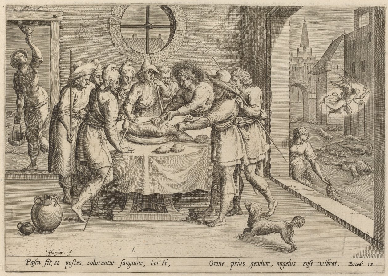 Förberedelser inför påsken av Jan Sadeler I, after Maarten van Cleef