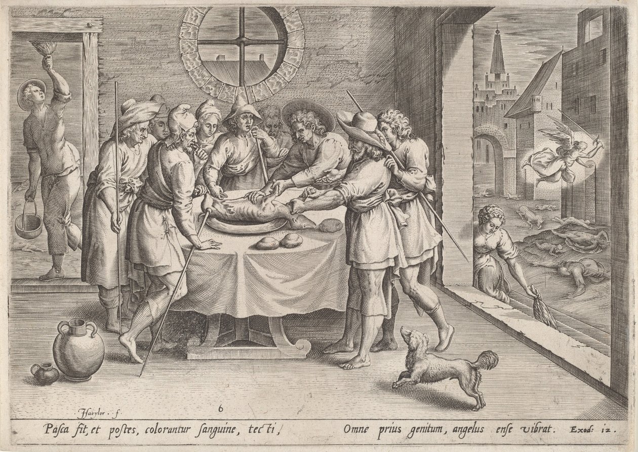 Förberedelser inför påsken av Jan Sadeler I, after Maarten van Cleef