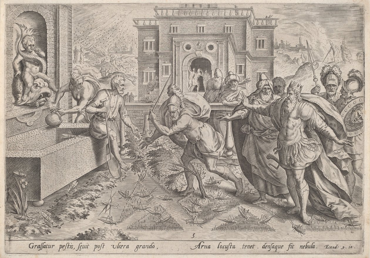 Plågan av gräshoppor av Jan Sadeler I, after Maarten van Cleef