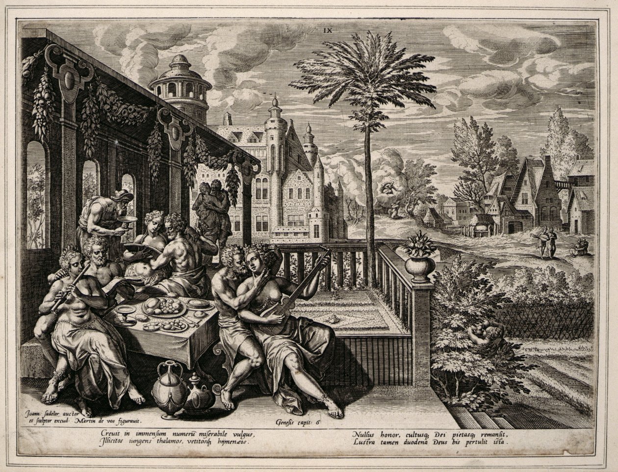 Första Mosebok Kapitel 6, vers 9, ca 1600 (gravyr på vävt papper) av Jan Sadler
