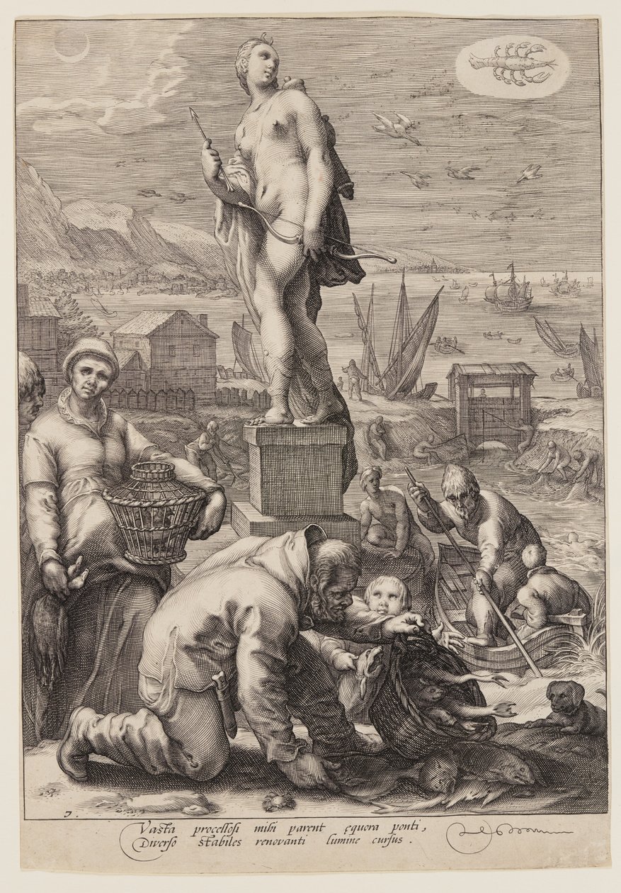 Diana styr över navigering och fiske, från Seven Planetary Gods av Jan Saenredam