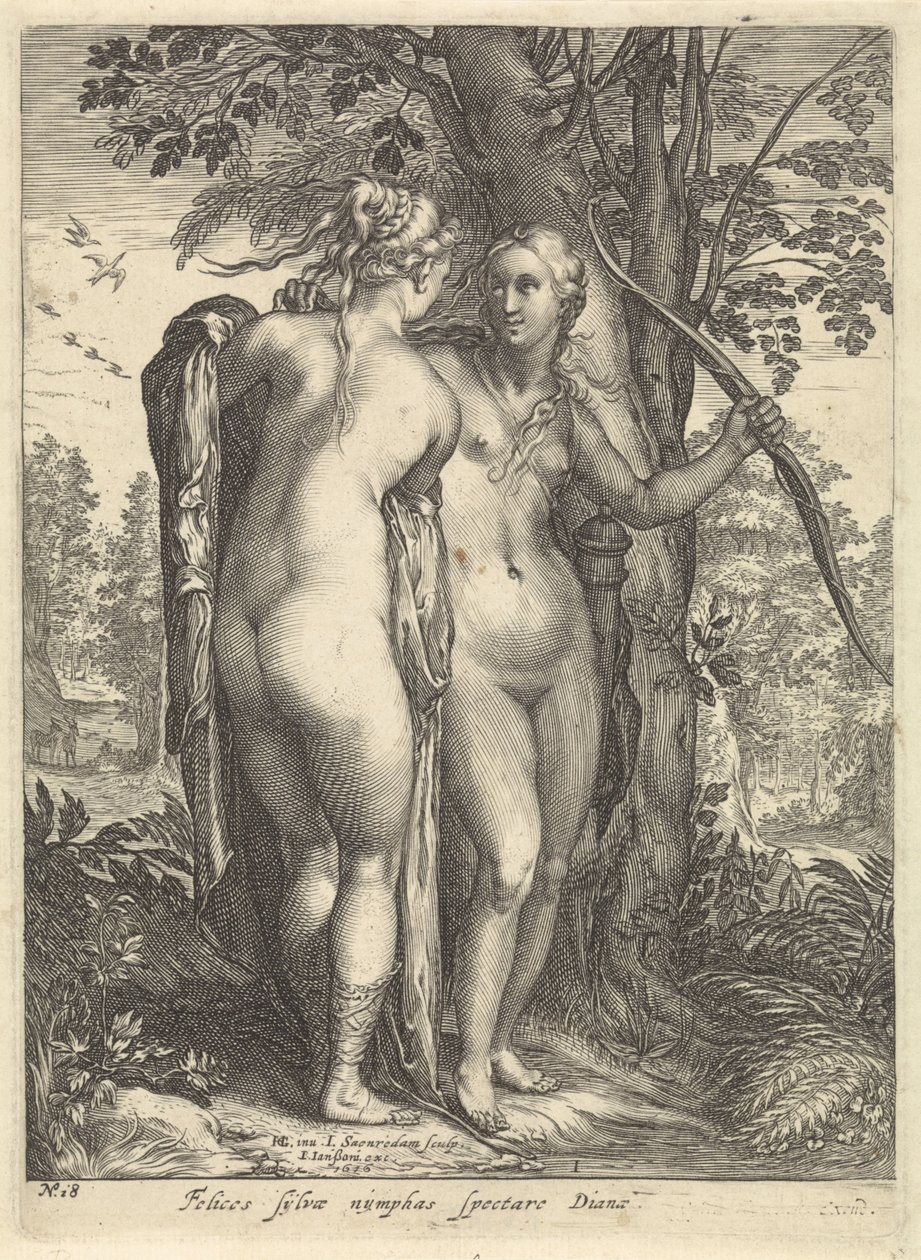 Diana och en nymf framför ett träd Diana och hennes nymfer (serietitel) av Jan Saenredam