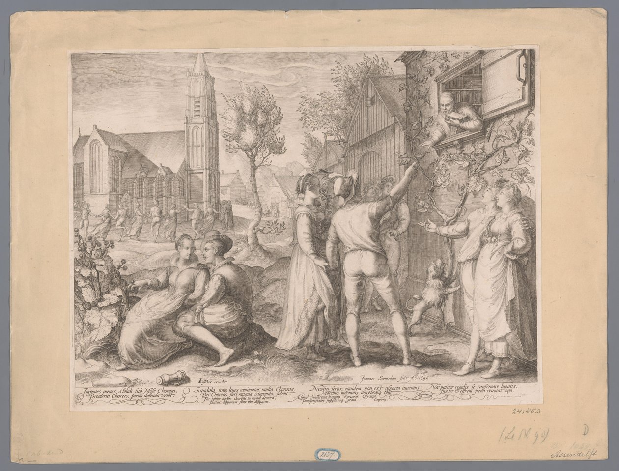 Jonge paren die poulet make en dansen, 1596 Enormt bröd stolich under Moses Choragi Mereriti Chorei, brödet kom att vara ynkligt (...) (titel på objekt) av Jan Saenredam