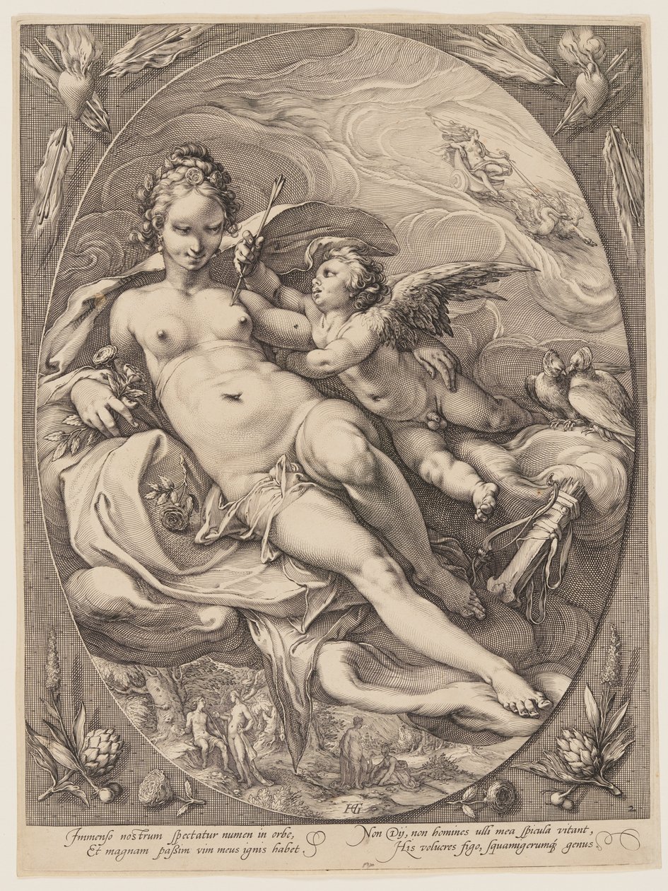 Venus och Amor, från Tre gudinnor sittande i molnen av Jan Saenredam