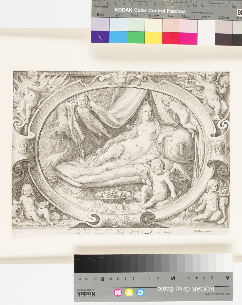 Venus på hennes soffa som Eros fyller sitt koger med pilar (gravyr) av Jan Saenredam