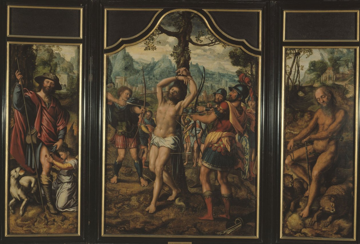Triptyk av Sankt Sebastians martyrium (mittfältet): Saint Roch (vänster panel), Saint Onuphre (höger panel), Saint Peter (baksida höger panel), Saint Stephen (baksida vänster panel), mellan 1525 och 1566 (olja) av Jan Sanders van Hemessen