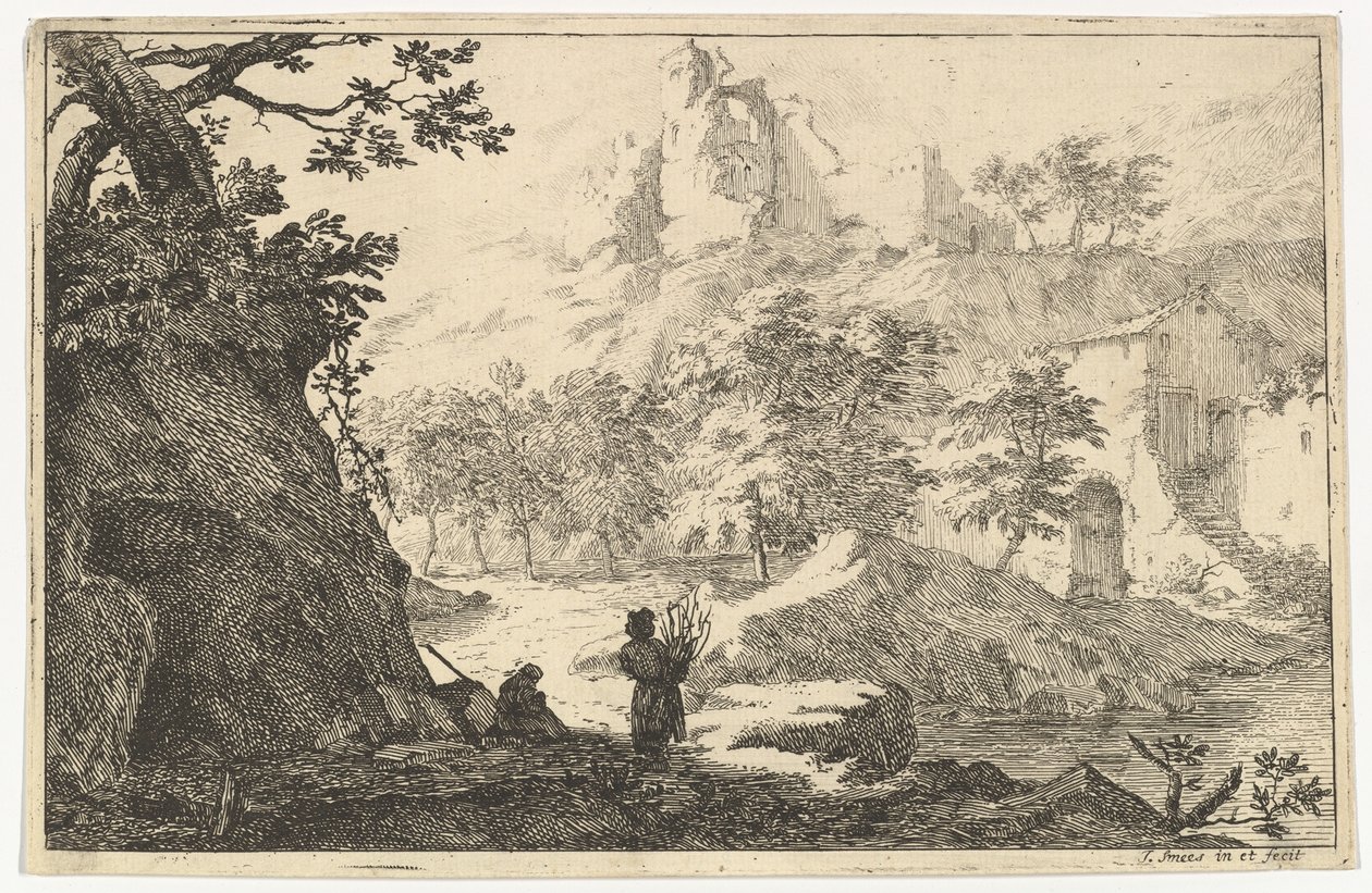 Landskap med ruiner av ett slott på en kulle, tidigt 1700-tal. av Jan Smees